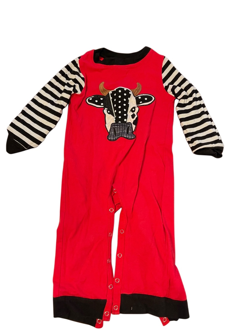 Red Cow Appliqué Baby Romper with Black & White Striped Sleeves